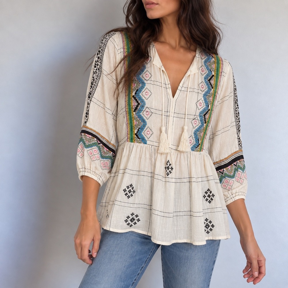 Anthropologie Vineet Bahl Brielle Ivory Embroidered Peasant Blouse XS Boho Folk